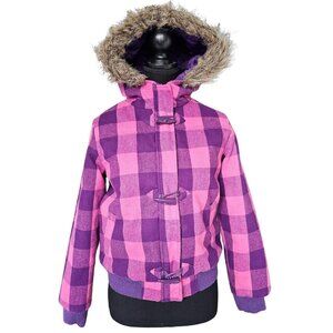 Girls Pink/Purple Plaid Fur Lined Hooded Winter Jacket, Size L